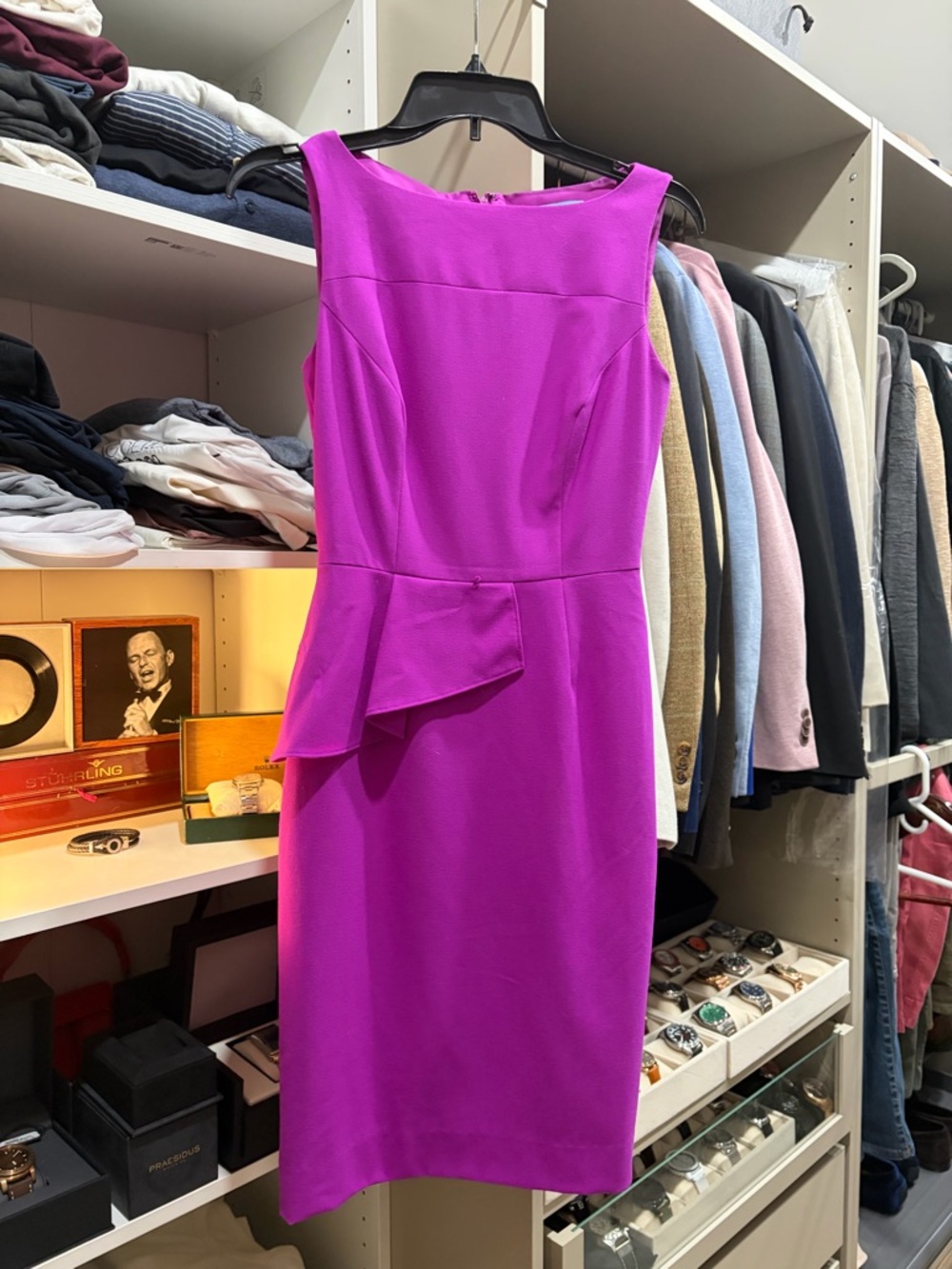 ANTONIO MELANI Fuchsia Midi Sheath Dress with Peplum Accent